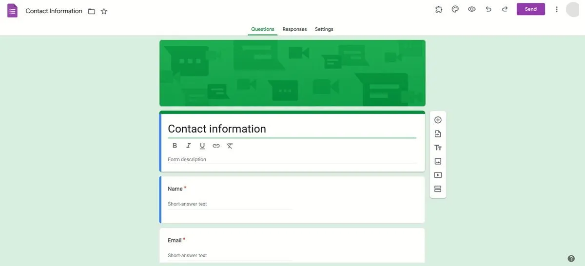 Affichage du modèle d'informations de contact dans Google Forms.