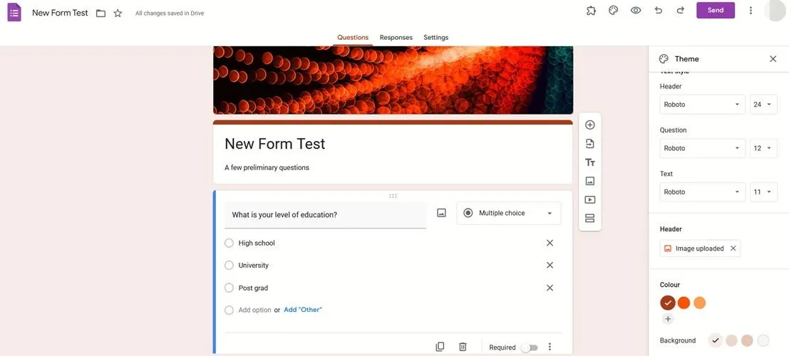 Editando uma nova pesquisa usando o Google Forms.