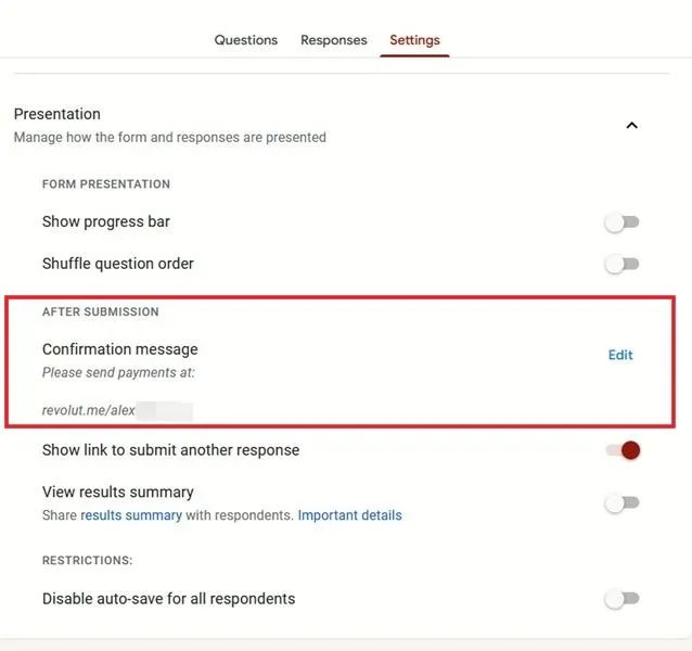 Como usar a mensagem de confirmação de apresentação do Google Forms