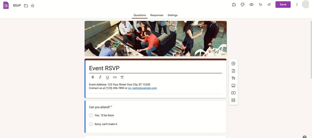 Google 表單中的活動 RSVP 範本檢視。