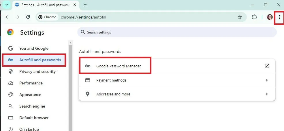 Alternative Methode für den Zugriff auf den Passwort-Manager in den Chrome-Einstellungen.