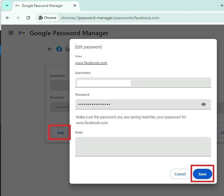 Bearbeiten gespeicherter Passwörter im Google Password Manager.