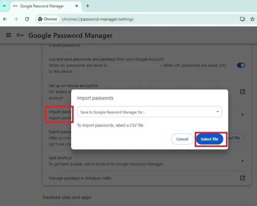 Importazione delle password in Chrome.