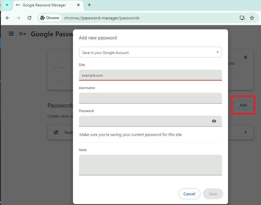 Saisie manuelle des identifiants dans Google Password Manager.