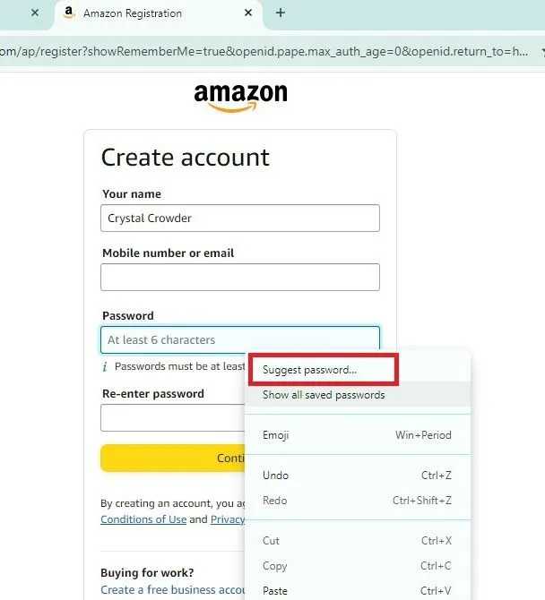 Suggerire una password per un nuovo account.