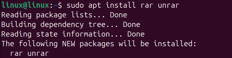 Installation der Rar- und Unrar-Befehlstools im Ubuntu-Terminal.