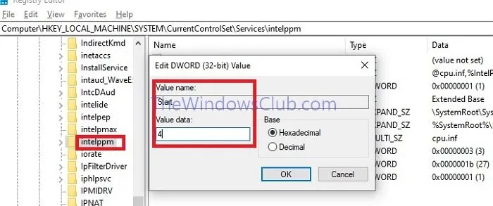 Modificación del valor del registro de Intelppm