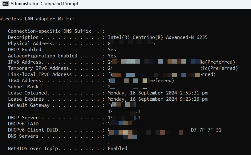 コマンドプロンプトで Ipconfig /all の詳細