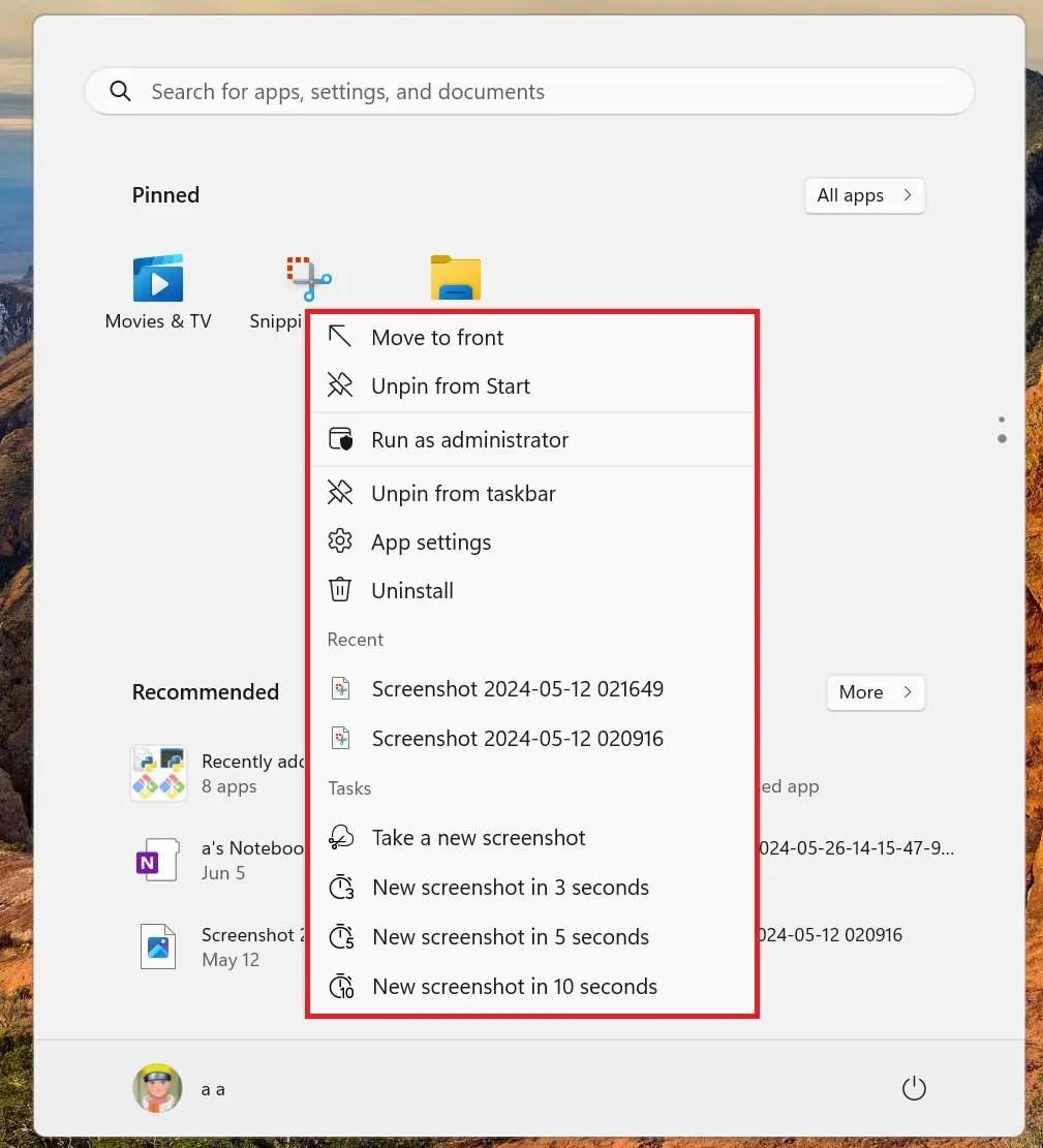 Jump list for Snipping Tool in Start menu in Windows 11