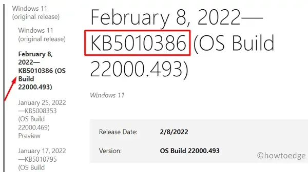 Aggiornamento KB5010386 per Windows 11