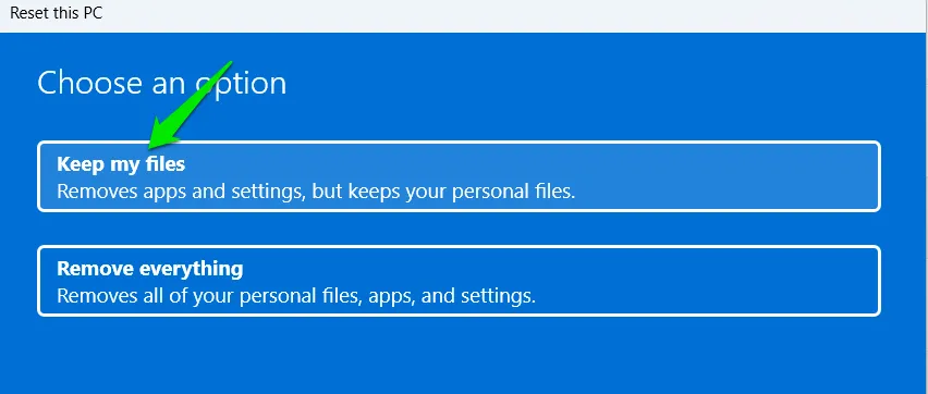 Benutzeroberfläche der Windows-Reset-Optionen mit Datenauswahloptionen