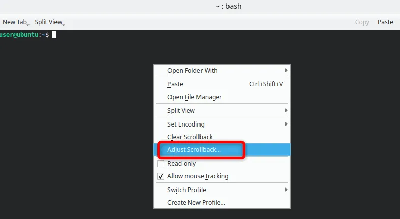 Avviare le impostazioni di Konsole Adjust Scroll Back nel terminale.
