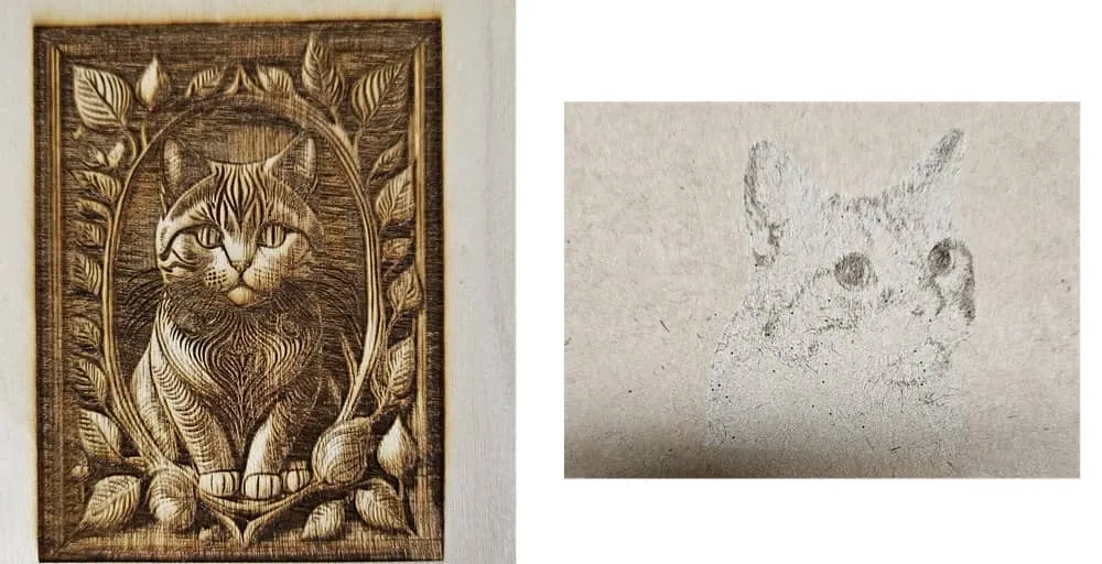 Cats engraved on wood and paper.