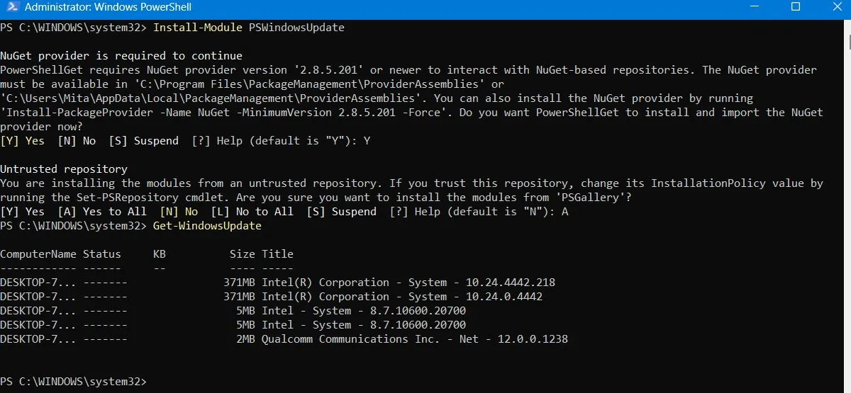 Obtener el comando Windowsupdate en PowerShell