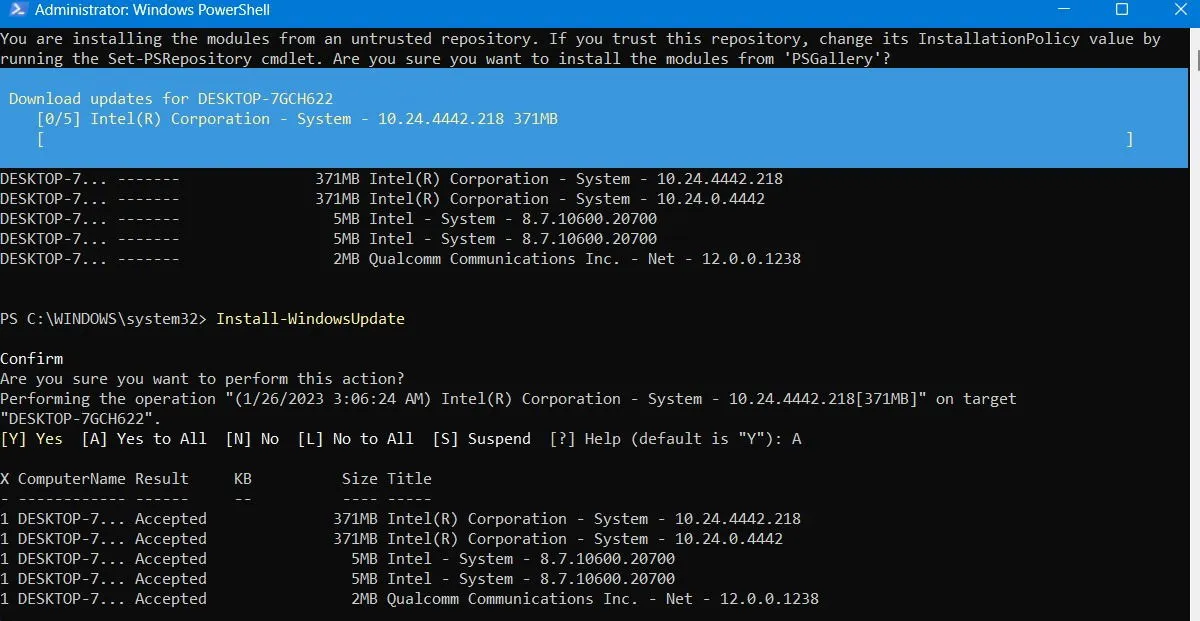 Téléchargement et installation des mises à jour Windows dans la fenêtre PowerShell.