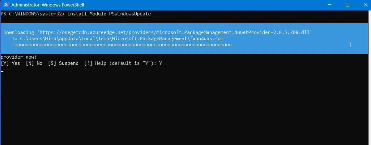 Instalando o NuGetprovider via PSWindowsUpdate na janela do PowerShell.