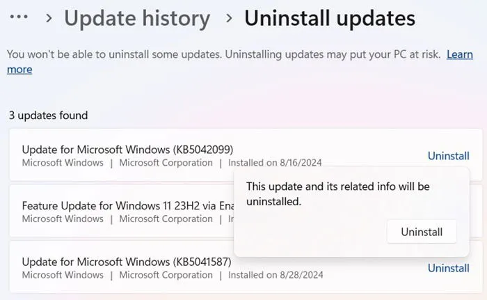 Desinstalando atualizações do Windows 11 de agosto de 2024