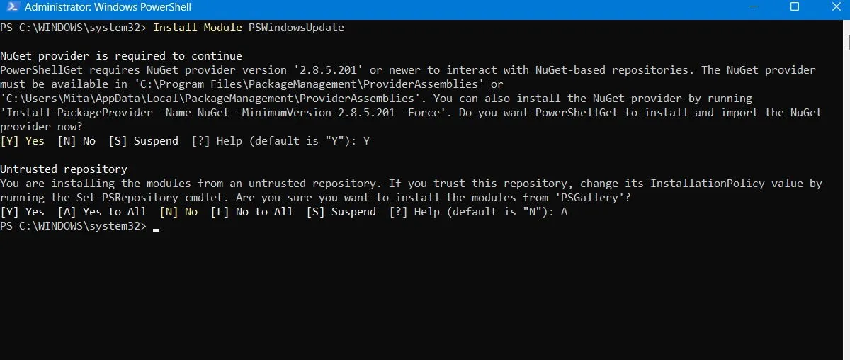 Warnung „Nicht vertrauenswürdige Repository-Installation“ im PowerShell-Fenster.