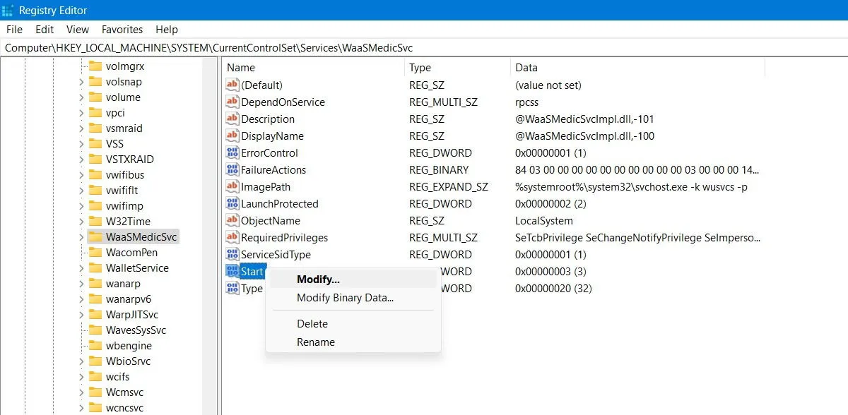 Fare clic con il pulsante destro del mouse sul menu Start di WaasMedicSvc per modificarlo.