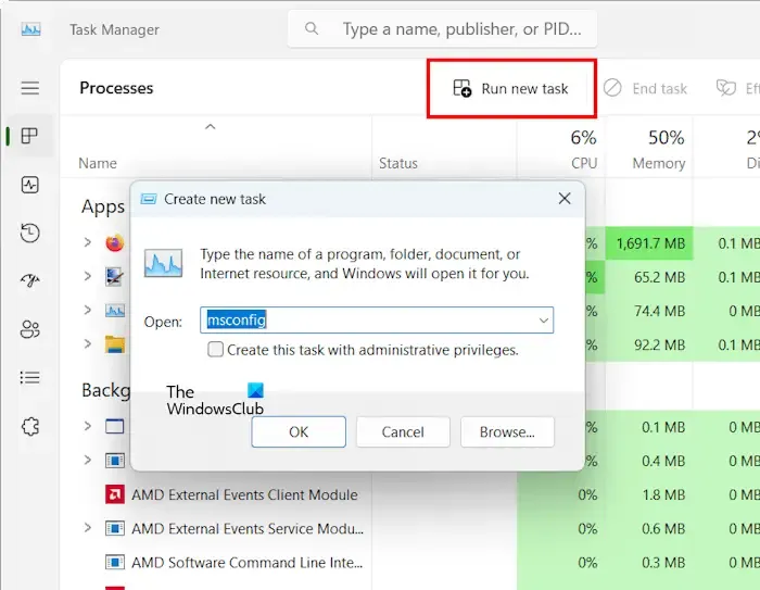 Avviare MSConfig tramite Task Manager