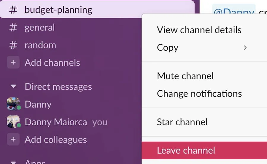 Abandonar un grupo en la aplicación Slack