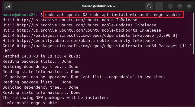 Comando di installazione di Microsoft Edge in Linux