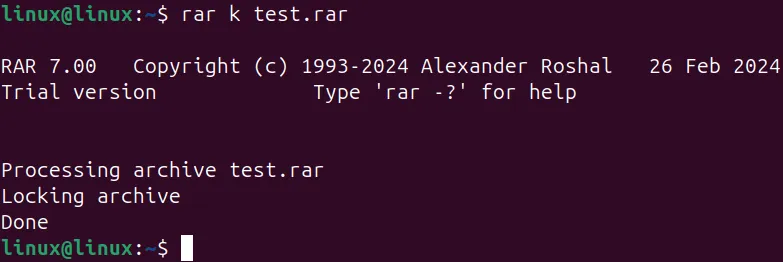 k オプションを指定した rar コマンドを使用して rar ファイルをロックします。