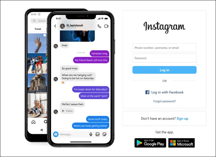 Page de connexion Instagram dans le navigateur