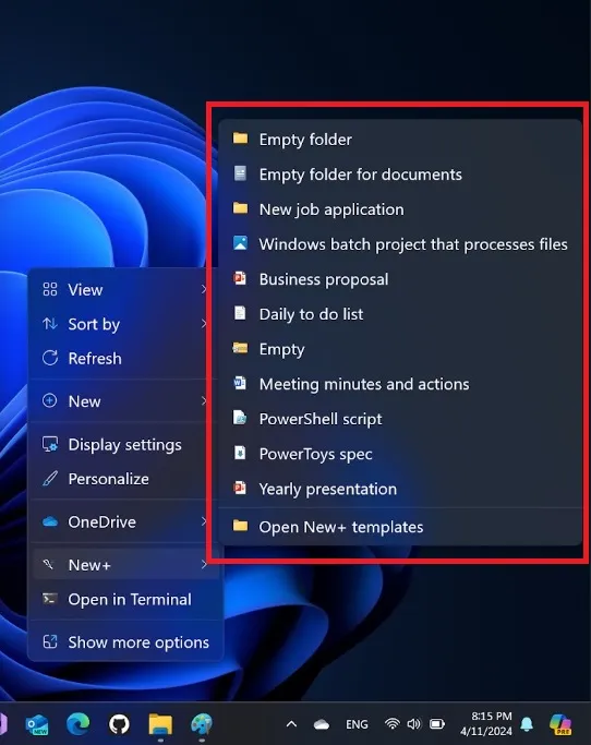 lange lijst met nieuwe+ sjablonen in het contextmenu van Windows 11