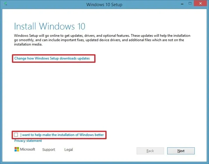 Opzioni di aggiornamento dell'installazione di Windows 10