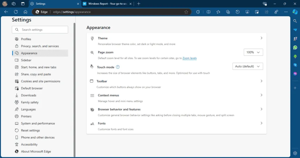 Nueva configuración de apariencia de Microsoft Edge