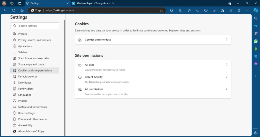 Microsoft Edge new Cookies and Site Permissions Settings