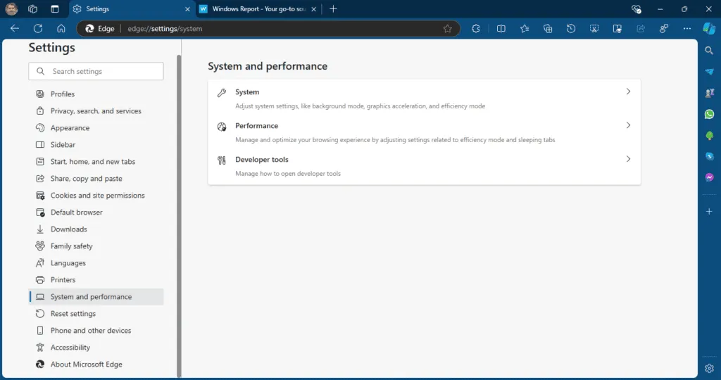 Microsoft Edge new System and Performance Settings