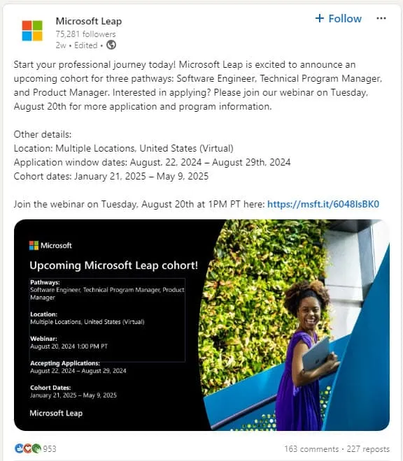 Microsoft Leap Cohort 소셜 신청 1개