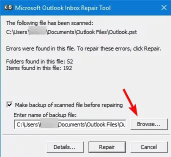 strumento di riparazione di microsoft outlook sfoglia