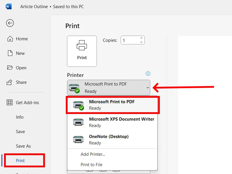 Microsoft-Option „In PDF drucken“