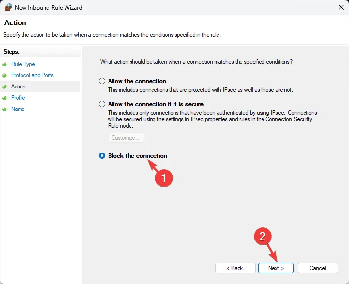 Bloquear a conexão - Melhores práticas para o firewall do Windows 11