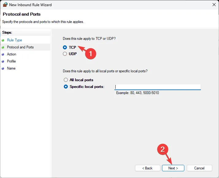 TCP or UDP, click Next