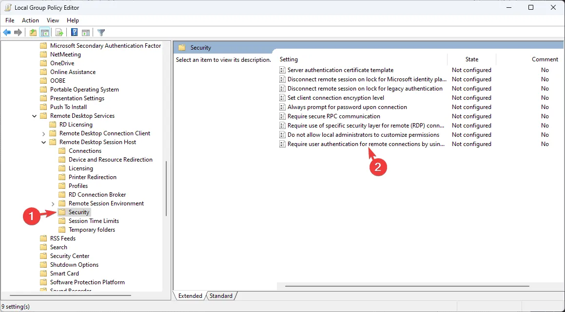 Require use of a specific security layer for remote (RDP) connections to open Properties.