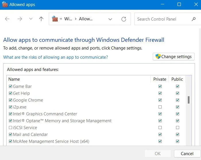 Google Chrome et d’autres applications autorisées dans le pare-feu Windows Defender.