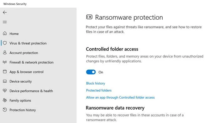 Protection contre les ransomwares utilisant un accès contrôlé aux dossiers dans Windows.