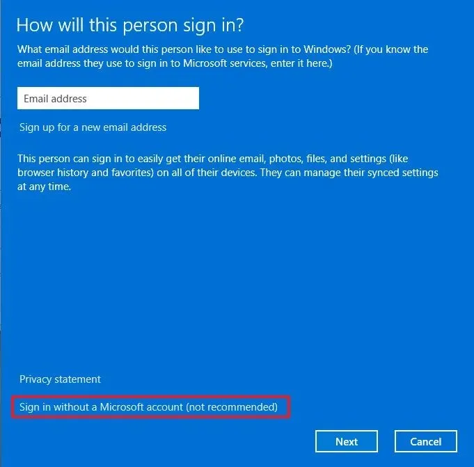 Sign in without a Microsoft account