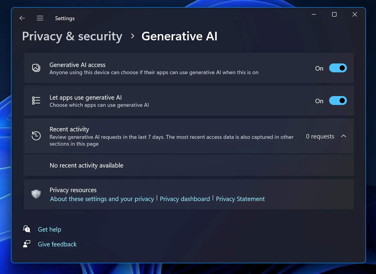 new generative ai privacy settings in windows 11 canary