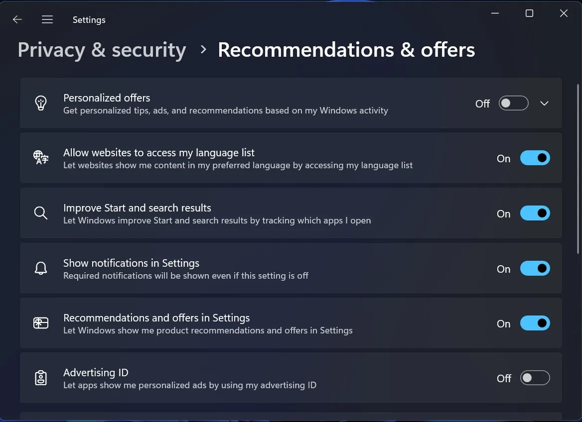 Nueva página de recomendaciones y ofertas en la vista previa de Windows 11 Insider