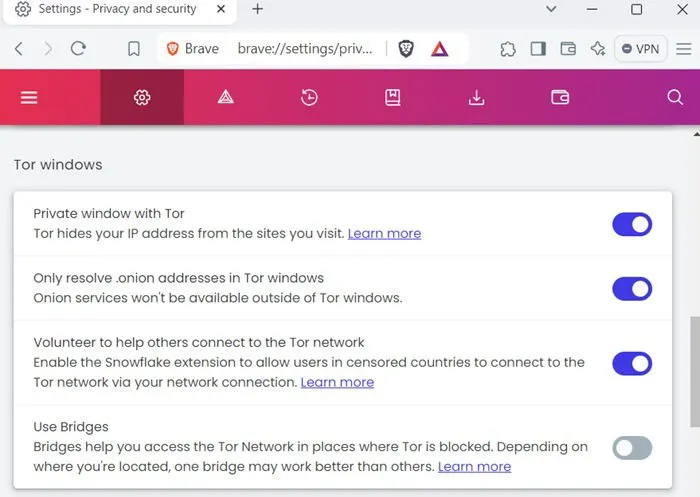 Windows デバイスの Brave ブラウザで Tor Windows 設定が有効になっています。