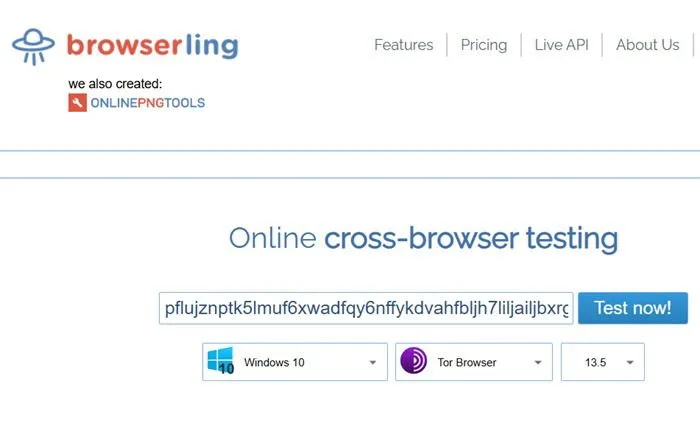 Test multi-navigateur de Browserling du lien onion à l'aide de Tor.