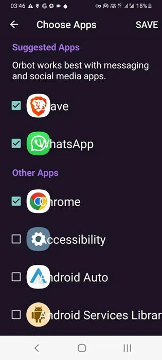 Zapisywanie aplikacji Chrome w systemie Android w celu otwierania linków Tor przez Orbot.