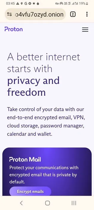 De onion-link van Proton openen in een Google Chrome-browser op Android met behulp van Orbot.