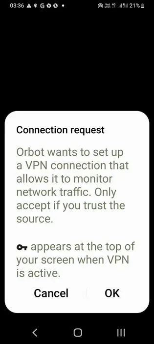 Solicitud de conexión VPN de la aplicación Orbot en Android.