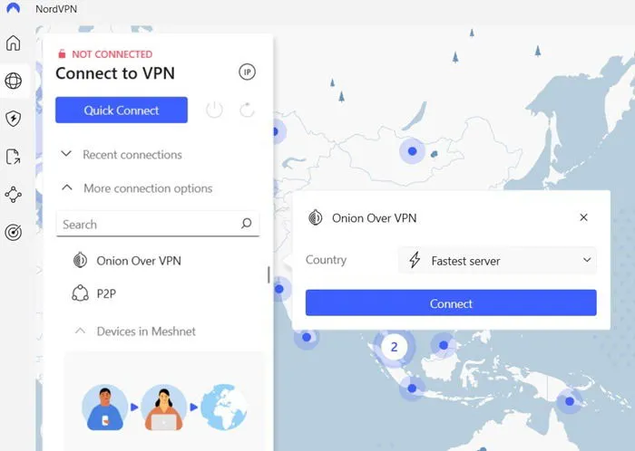 Application NordVPN avec serveurs Onion sur VPN spécialisés prêts à se connecter.